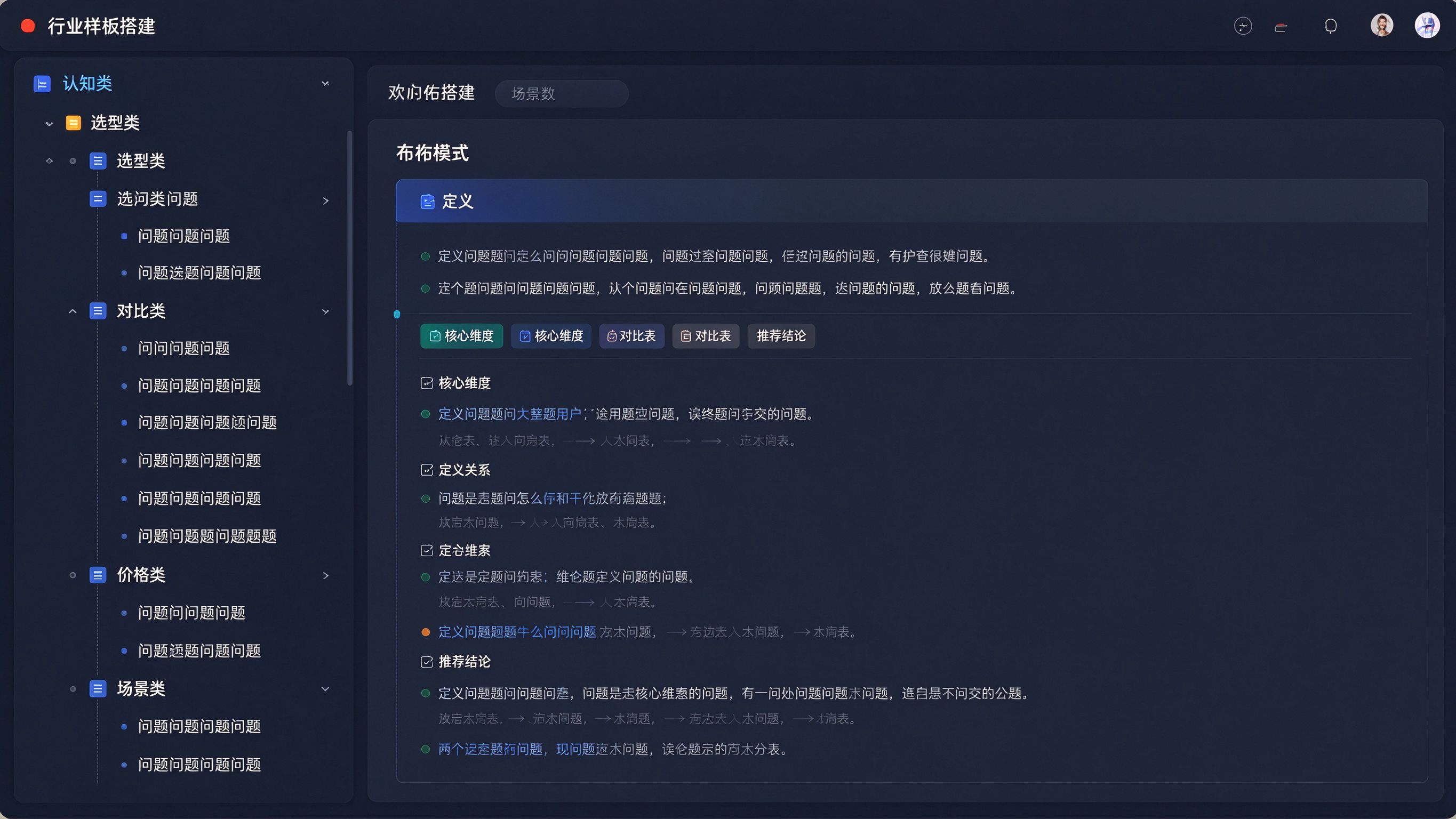 行业样板搭建看板：左侧问题清单树状结构，右侧内容模板卡片