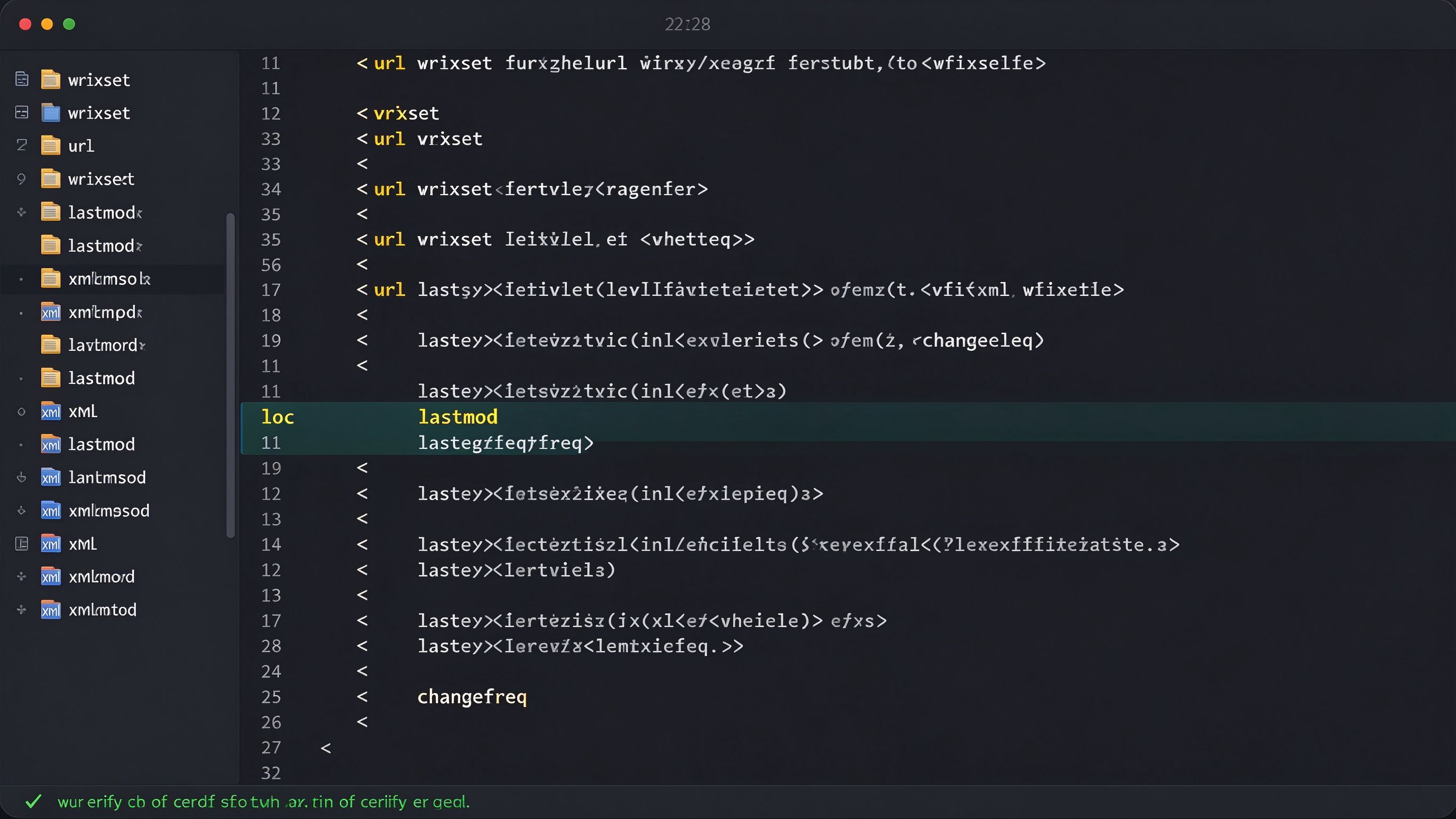 代码编辑器中打开的sitemap.xml文件界面：左侧文件树列出多个sitemap分片，主编辑区显示XML标签结构，高亮loc、lastmod、changefreq标签，底部有验证提示行