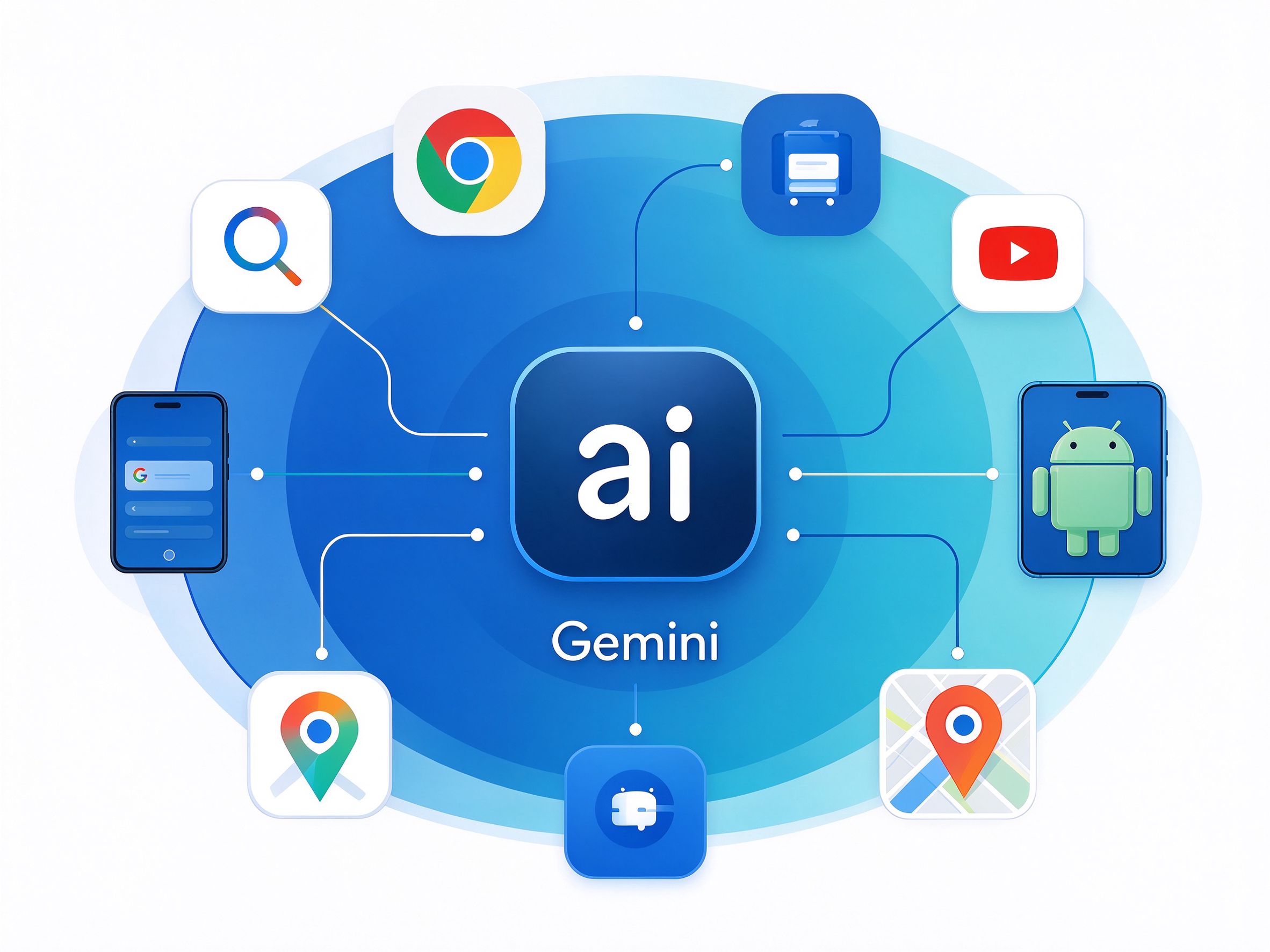 Gemini优化策略图，展示谷歌搜索、Gemini对话、YouTube等谷歌生态触点与GEO优化的关系，蓝青色系科技插画