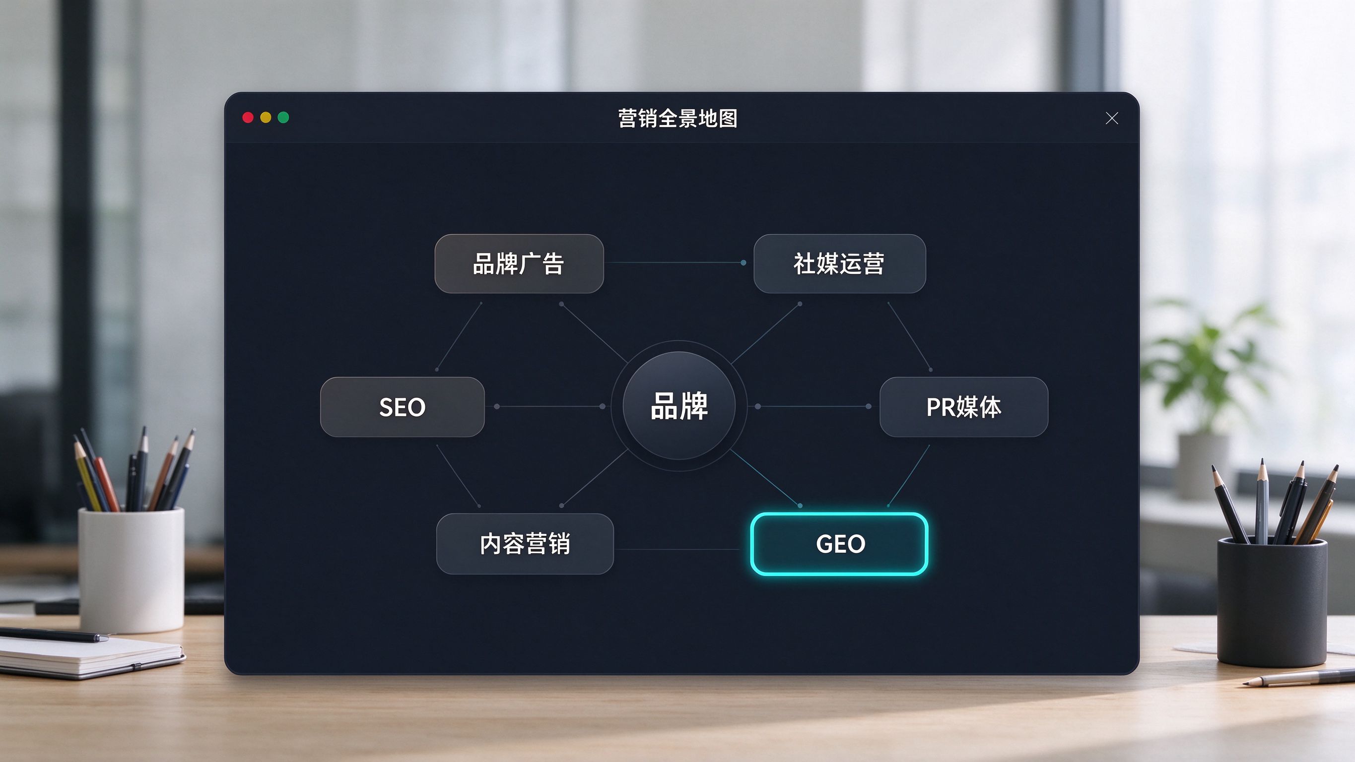 营销全景地图模拟：中心是品牌，周围围绕SEO/GEO/内容/PR/社媒/广告六个模块，GEO用高亮标出