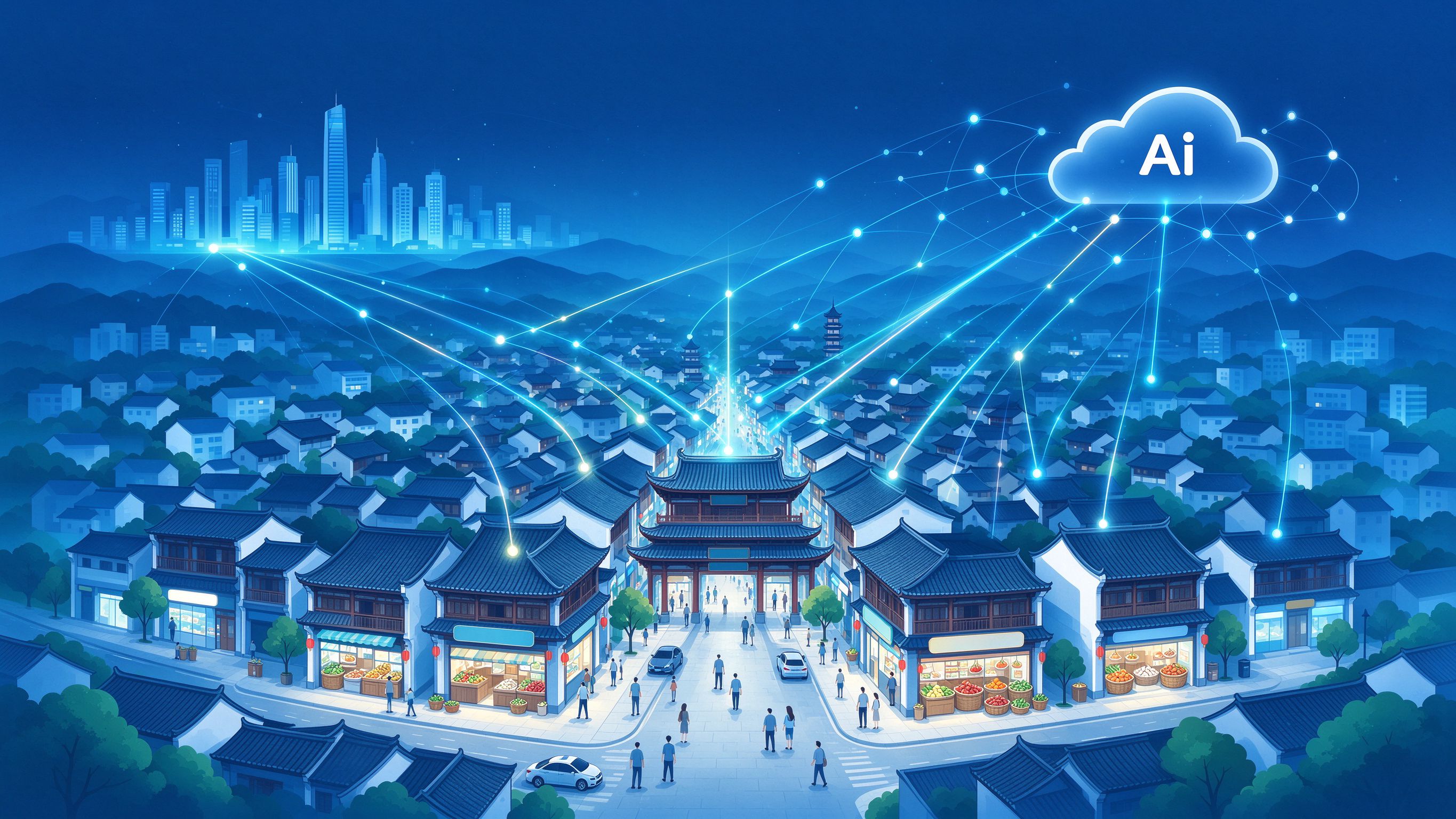 县域品牌市场插画：小县城与全国AI网络连接