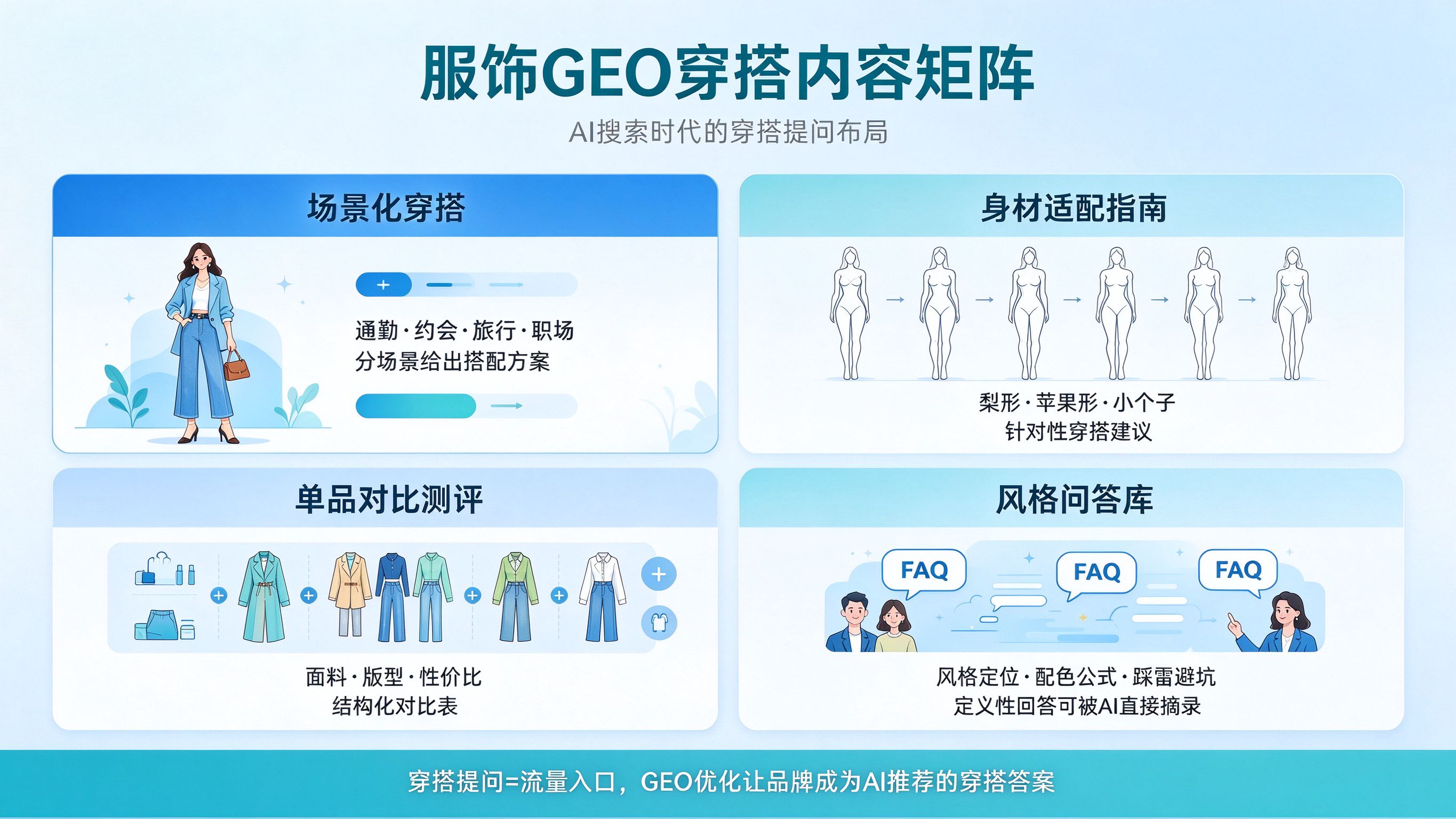 服饰GEO穿搭内容矩阵：场景化穿搭、身材适配、单品对比、风格问答四大板块