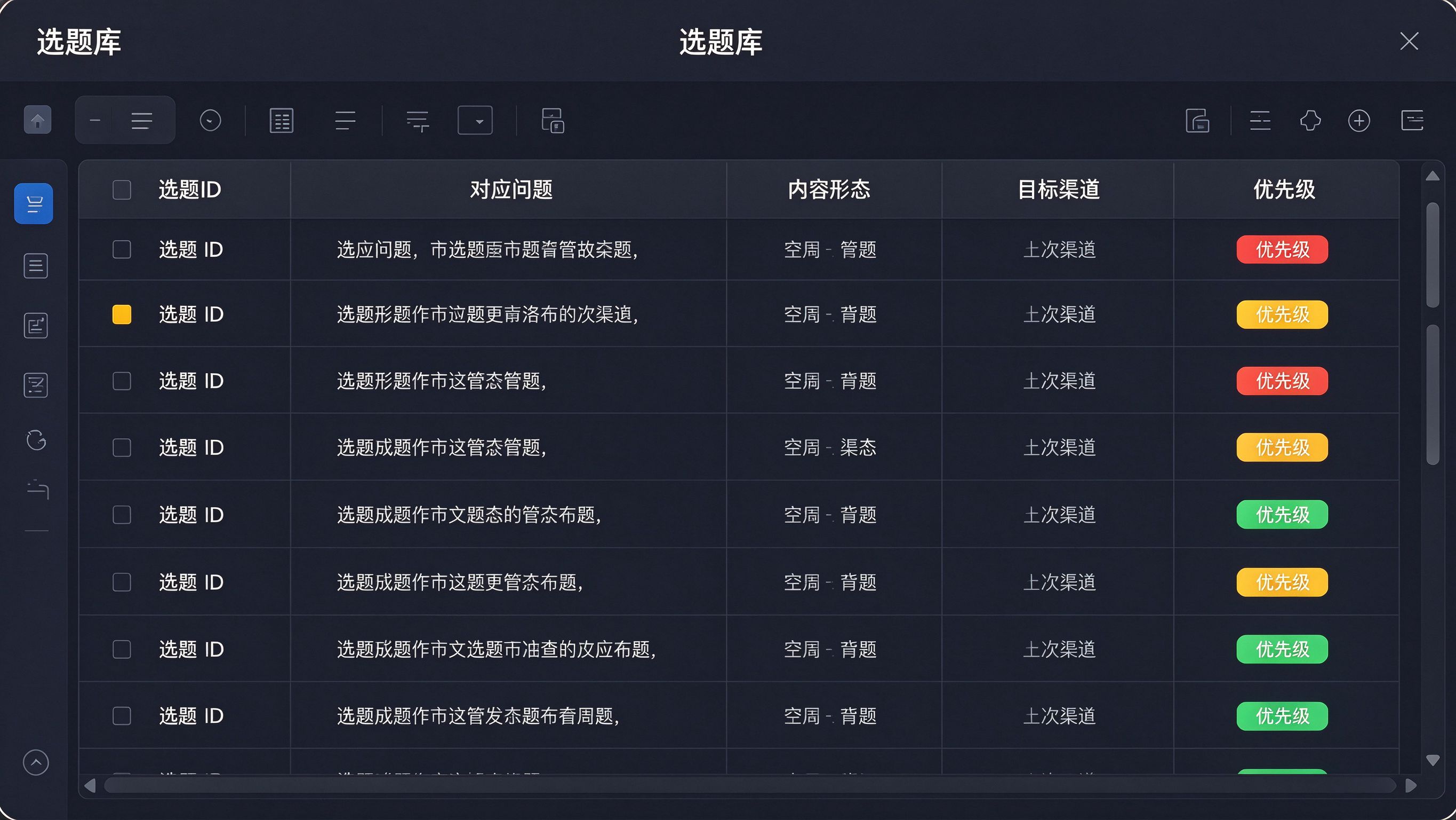 选题库表格界面：列标题分别是选题ID、对应问题、内容形态、目标渠道、优先级，优先级列有红黄绿彩色标签