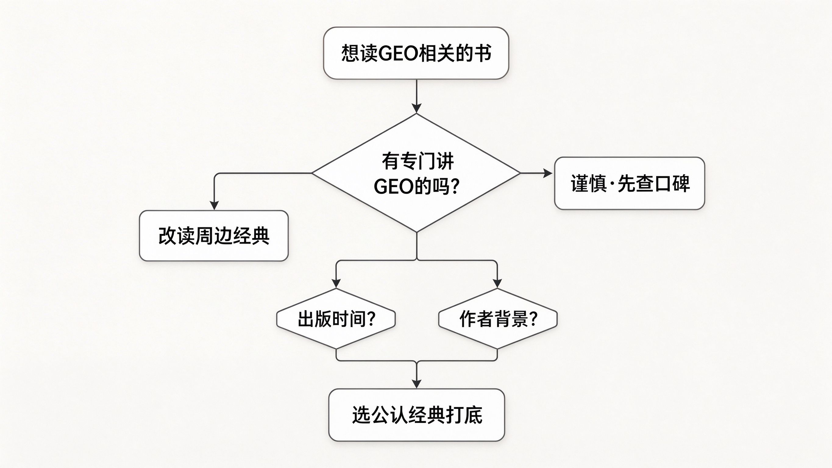GEO选书判断流程界面模拟：一个决策流程图，起点