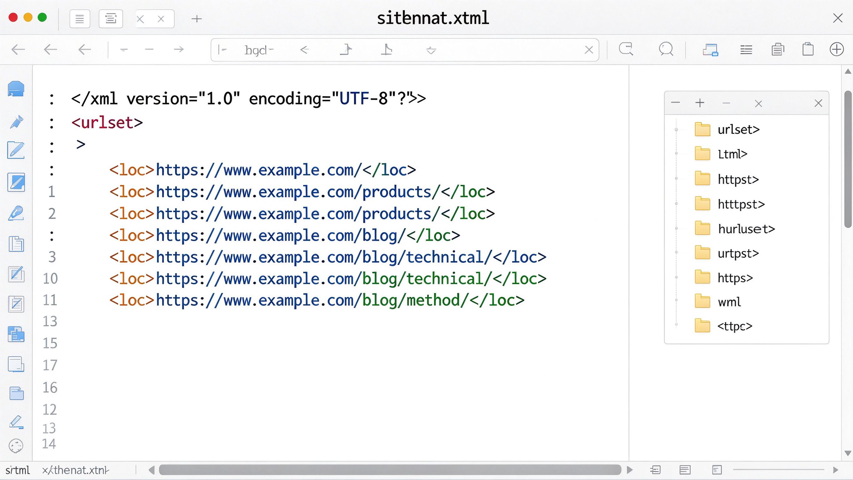 sitemap.xml结构预览，树形展示首页、产品、博客、案例、FAQ一级节点，博客下展开技术、方法、信源、监测四个二级节点