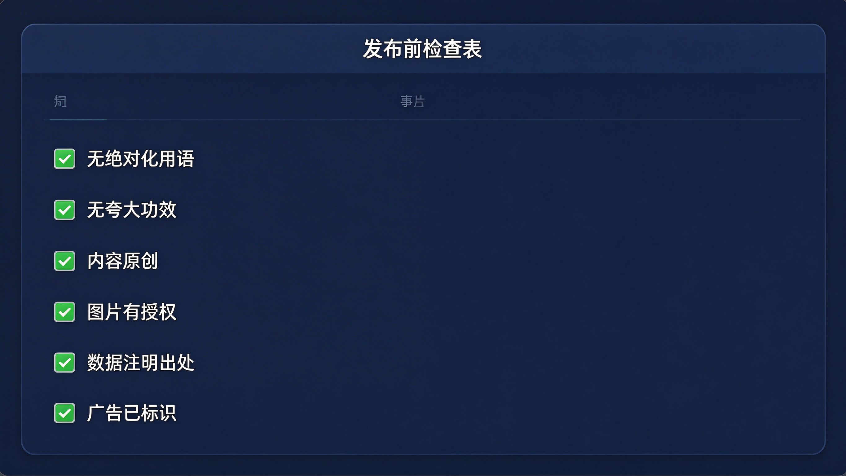 GEO内容发布前检查表面板：检查项列表，逐项通过状态