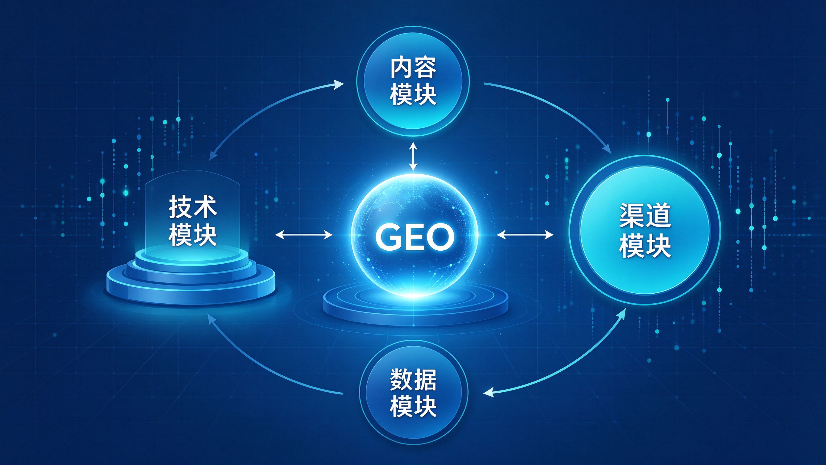 GEO优化四大模块关系图：内容模块为核心，技术模块为底座，渠道模块为放大器，数据模块为闭环