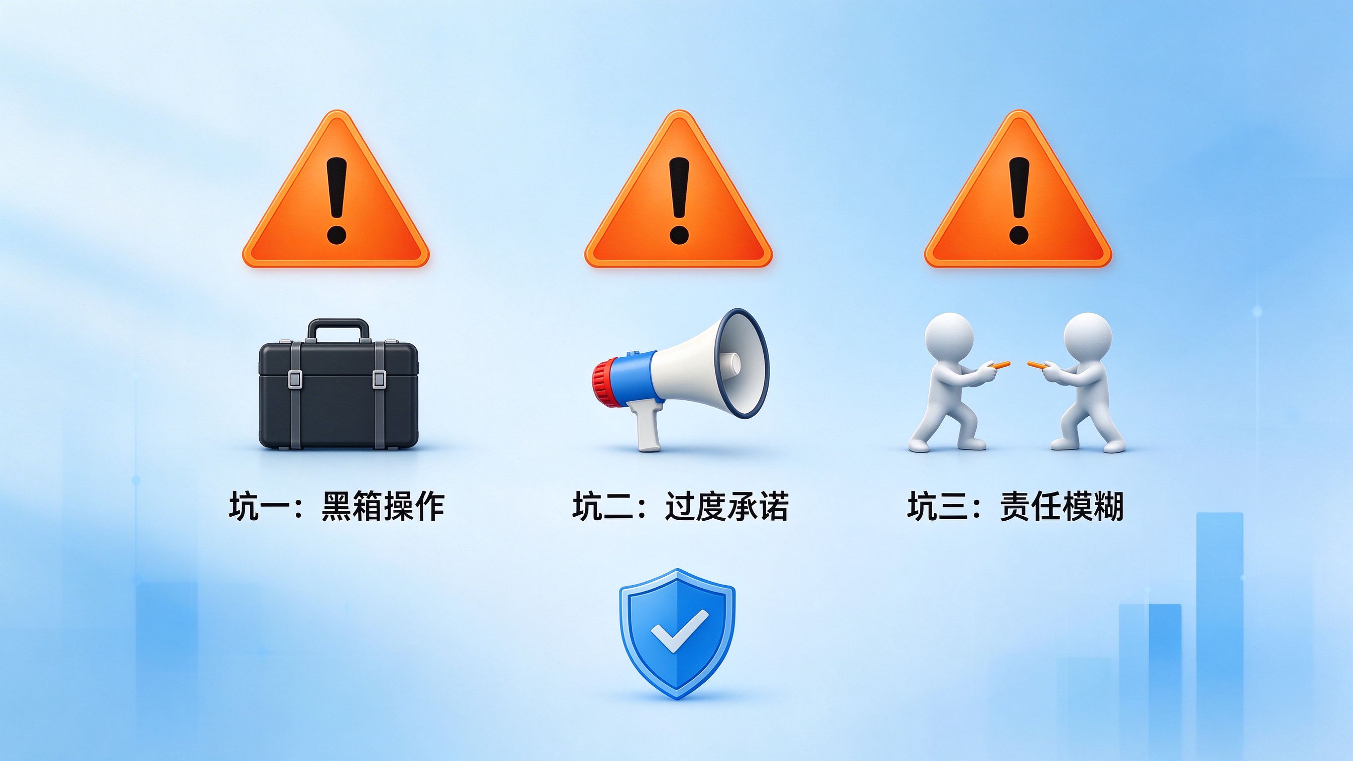 GEO全托管三大坑警示图——黑箱操作、过度承诺、责任模糊