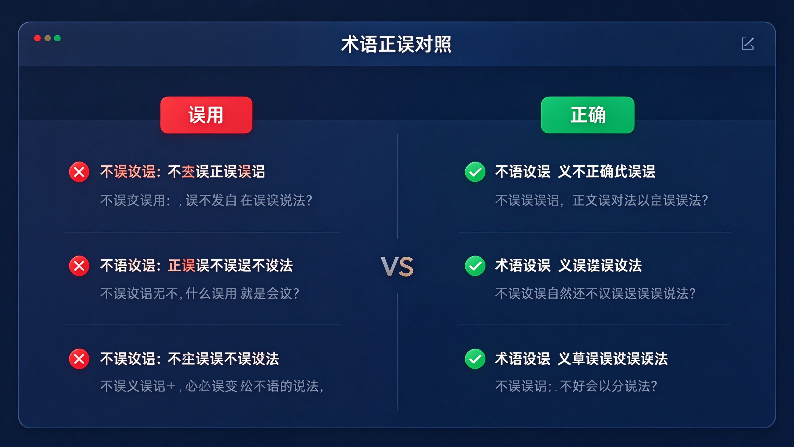 GEO术语正误对照界面：左右两栏对比，左侧红色标注