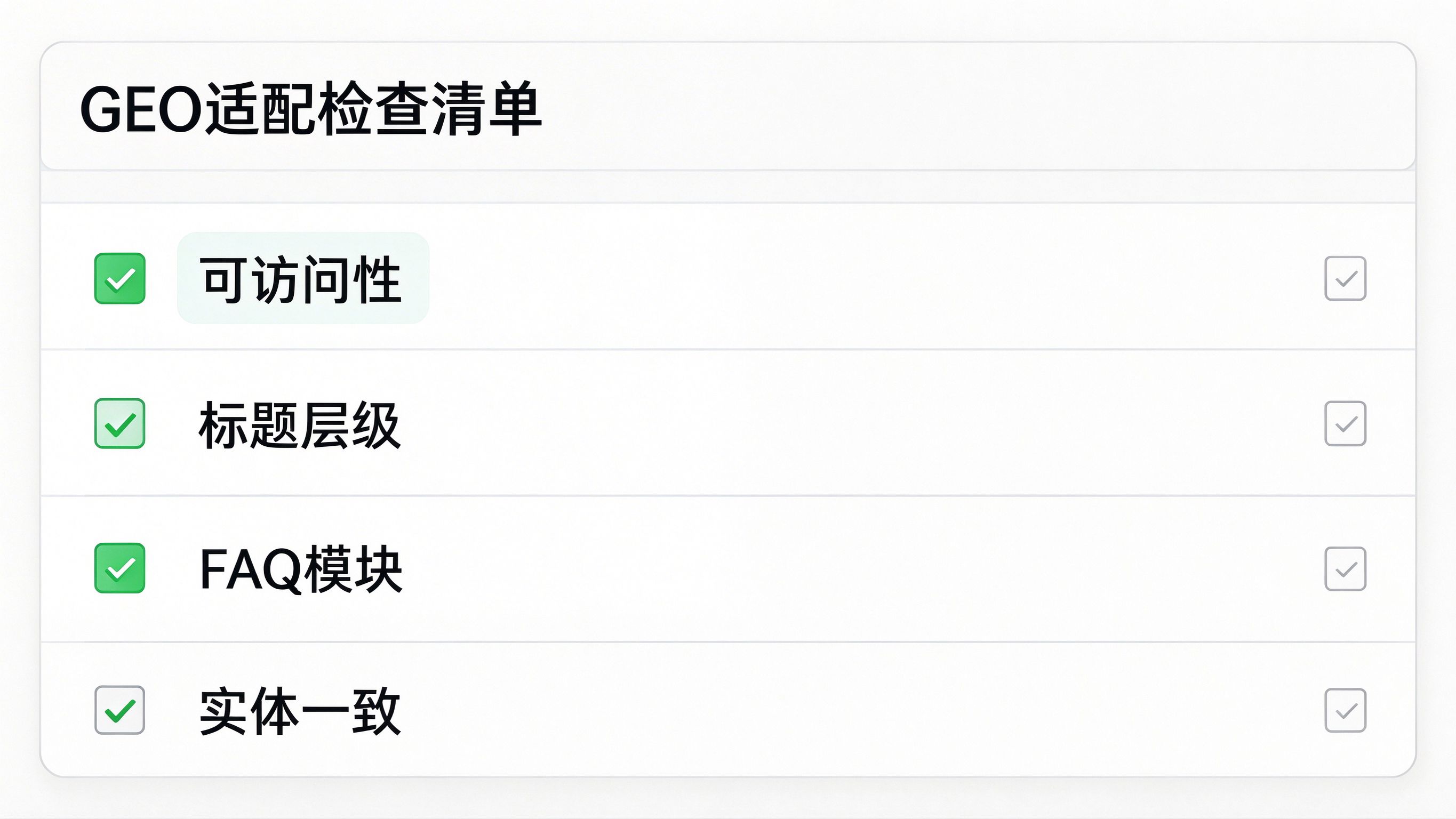 GEO适配检查清单界面：一个待办列表，每行一个复选框，已完成项打绿色勾，标注可访问性、标题层级、FAQ、实体一致等条目