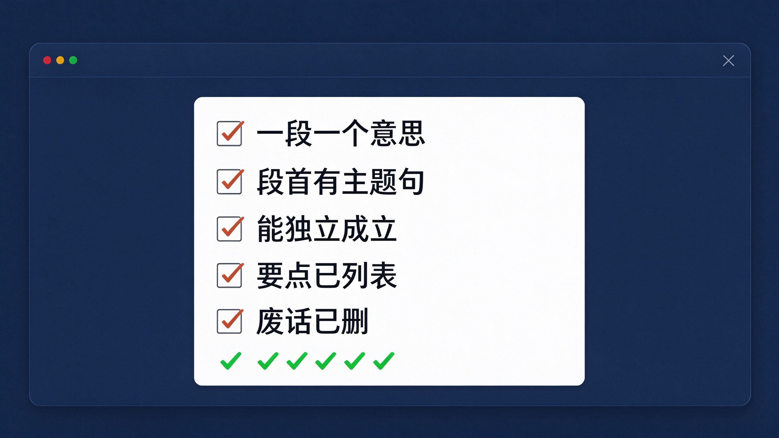 段落自查清单界面：一段一个意思、段首有主题句、能独立成立等打勾项