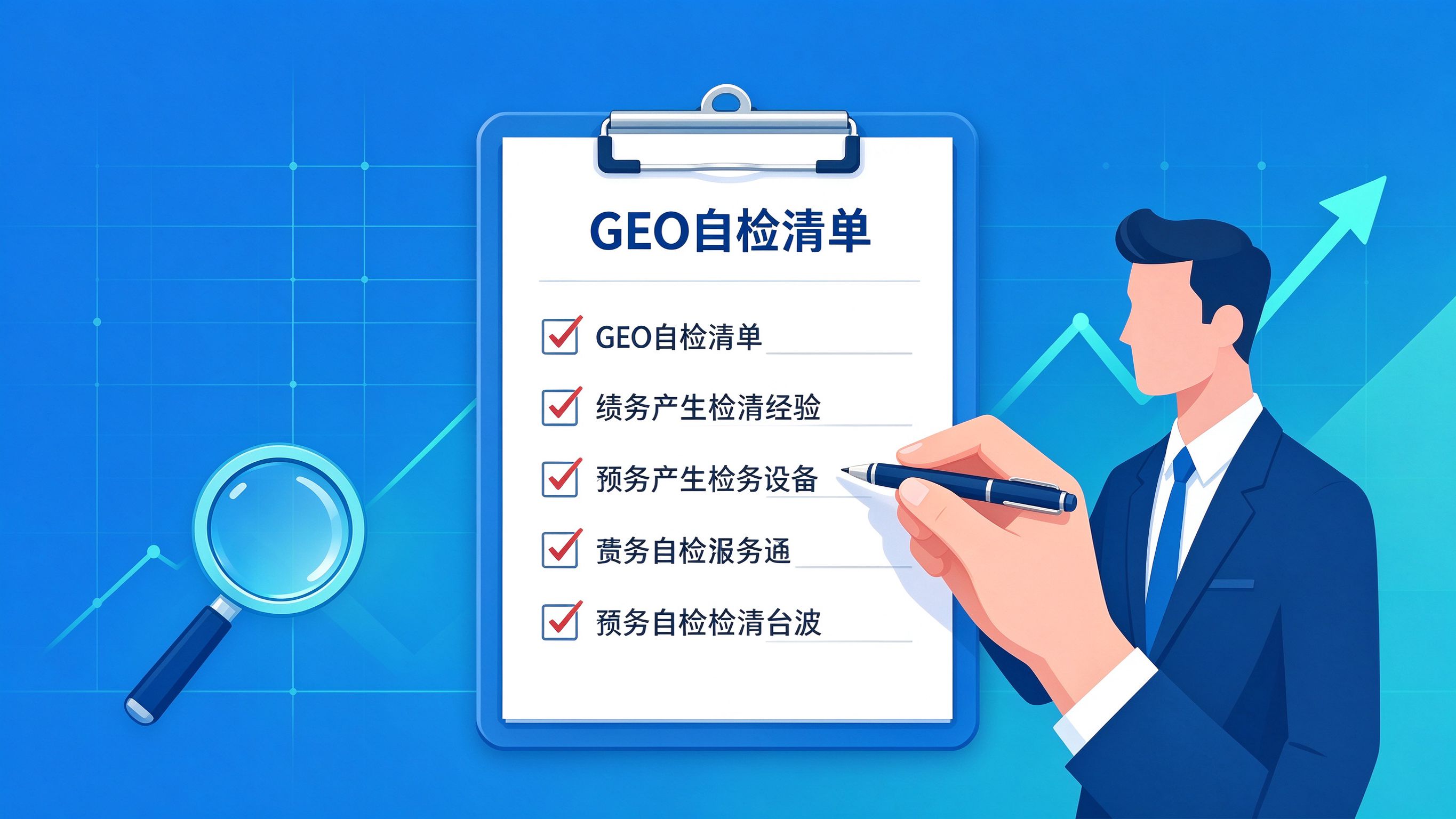 GEO优化新手自检清单图：一张勾选表格，列出诊断、内容、信源、监测、聚焦五类自查项
