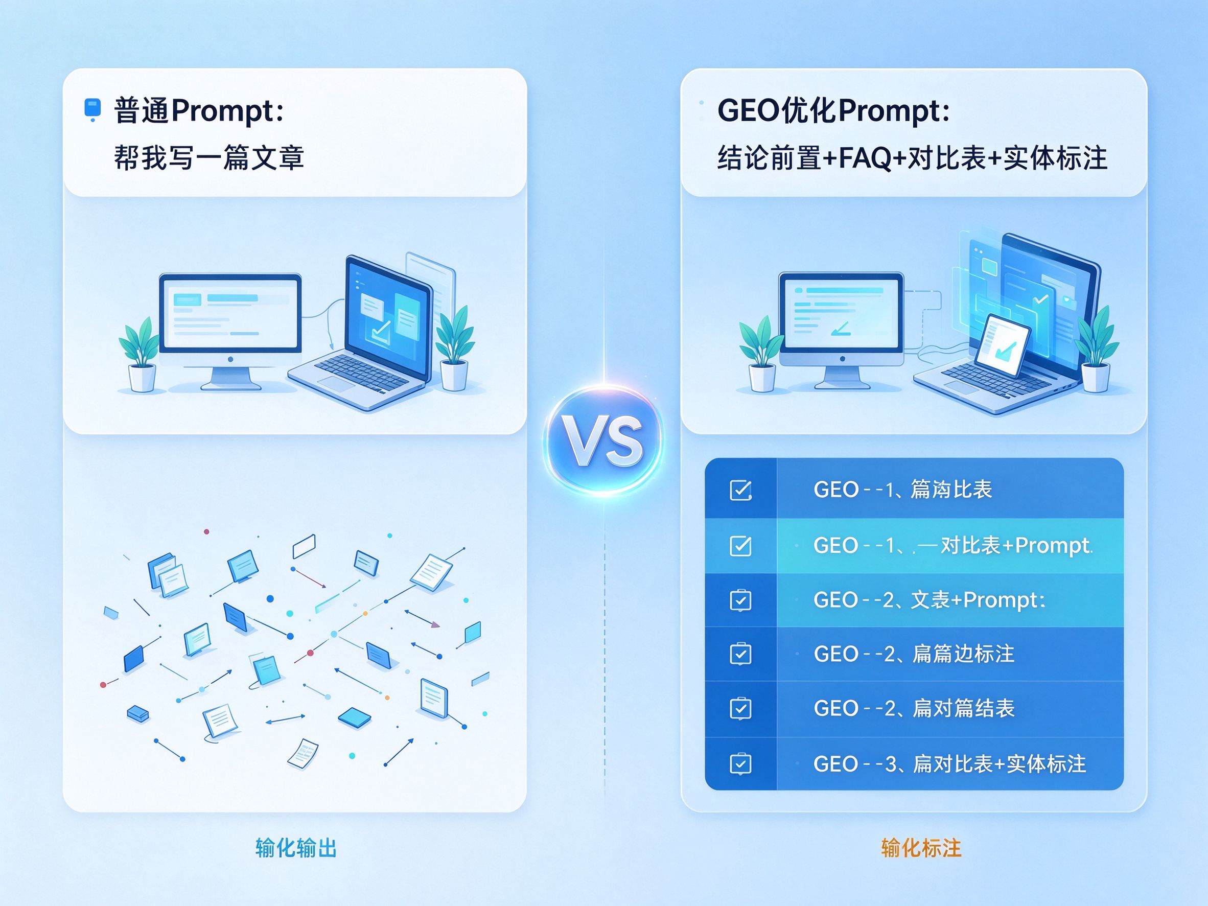 GEO优化Prompt技巧示意图：左侧是普通prompt示例，右侧是GEO优化prompt示例，标注关键差异点