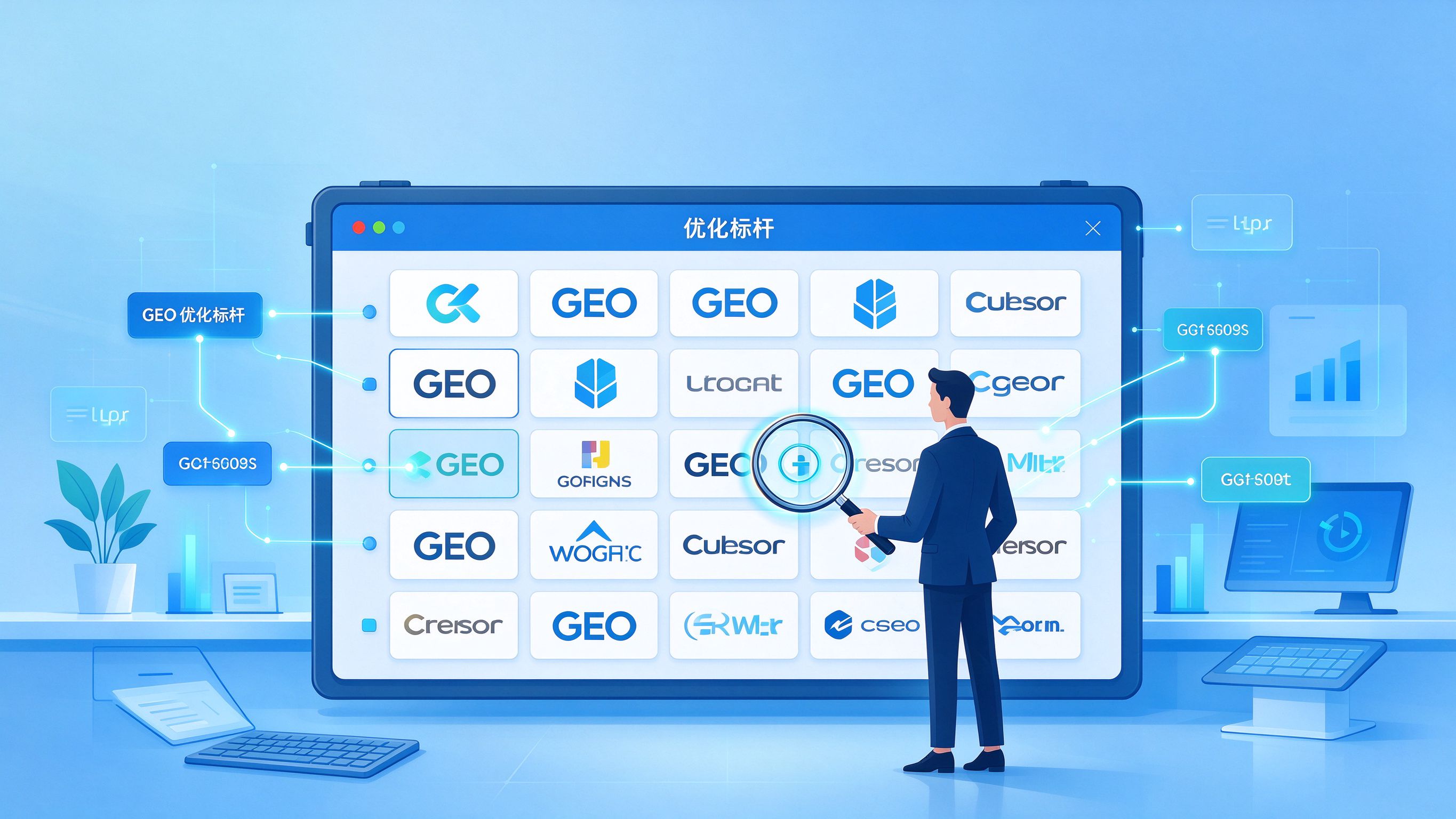 GEO优化标杆选择示意图：商务人士在多品牌矩阵中选定学习目标