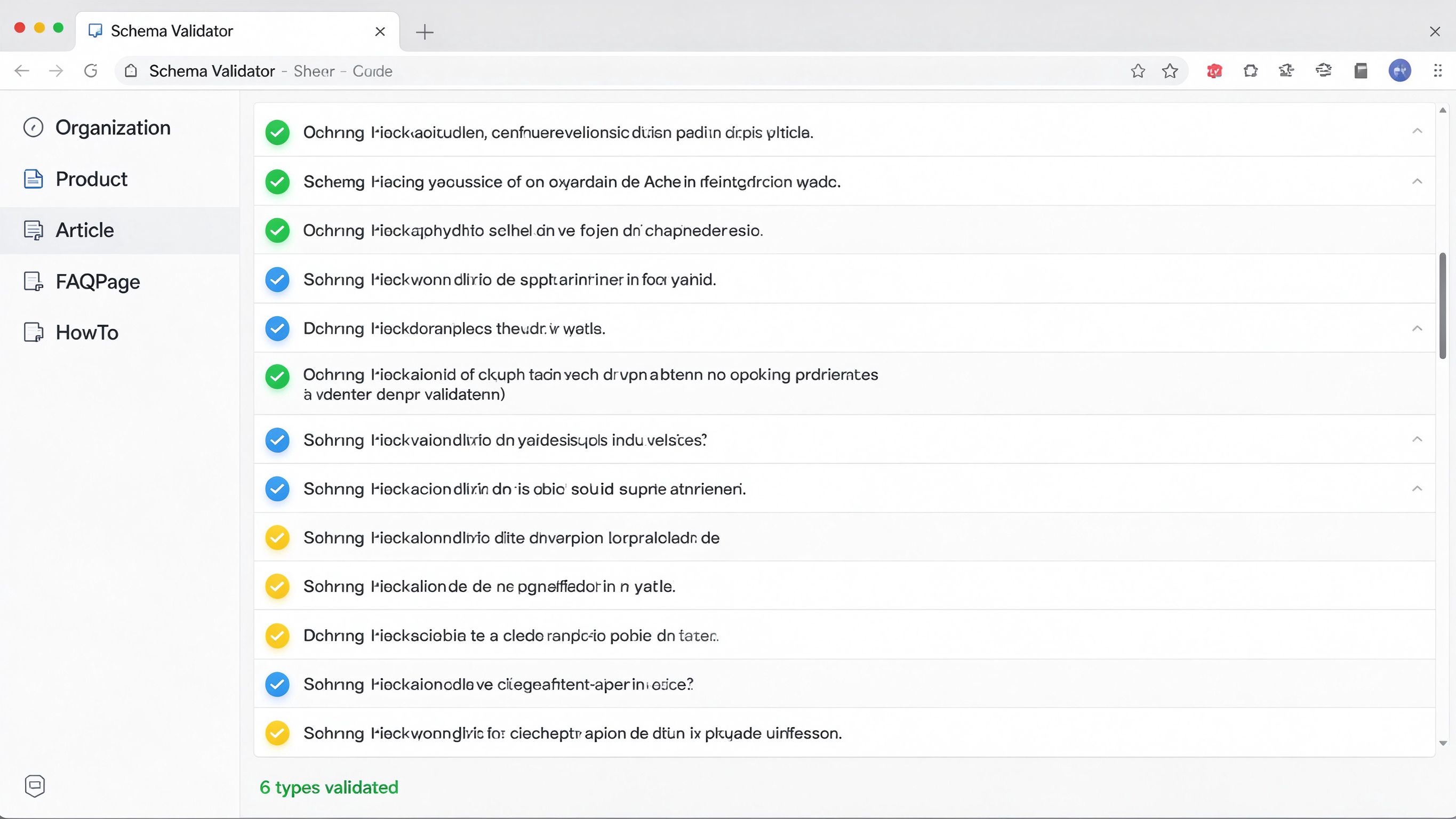 Schema验证工具界面：浏览器窗口打开验证页面，左侧列出Organization、Product、FAQPage、Article等类型，右侧显示各类型通过绿色勾选标记，底部提示