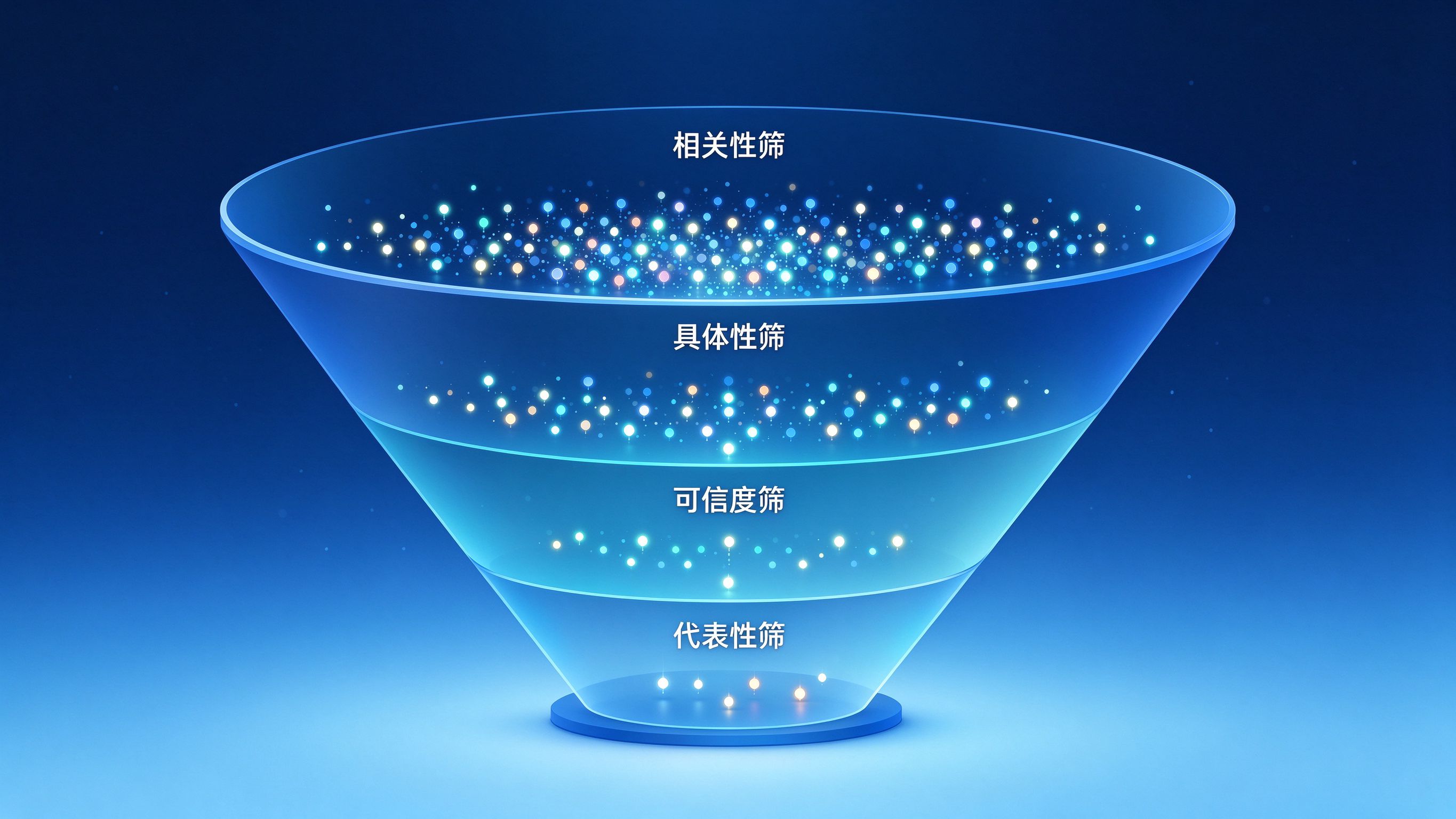 GEO引用机制拆解图：大模型面对多个候选品牌信息时，层层筛选最终决定引用谁