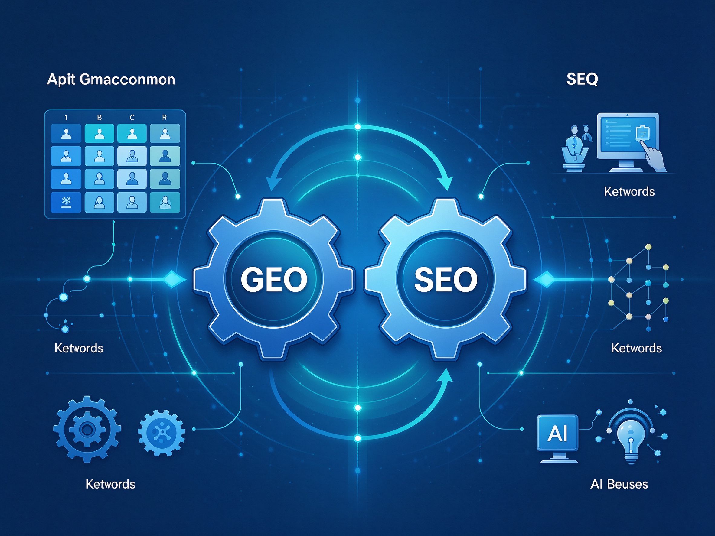 GEO优化与SEO协同作战策略图：双齿轮驱动