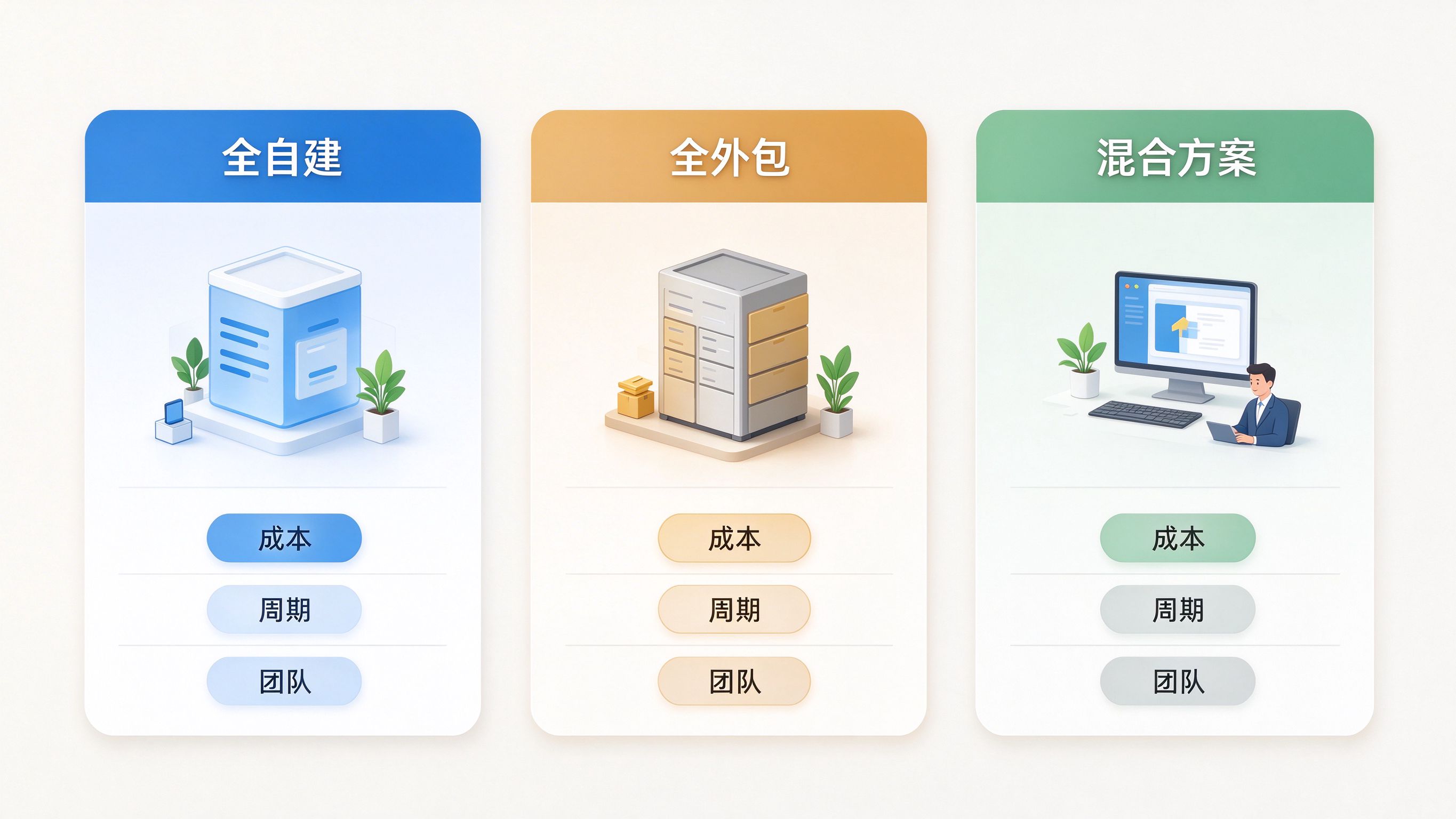 GEO方案选择决策界面：三列对比卡片分别标注自建、外包、混合三种方案，下方对应预算、周期、团队要求三个维度标签