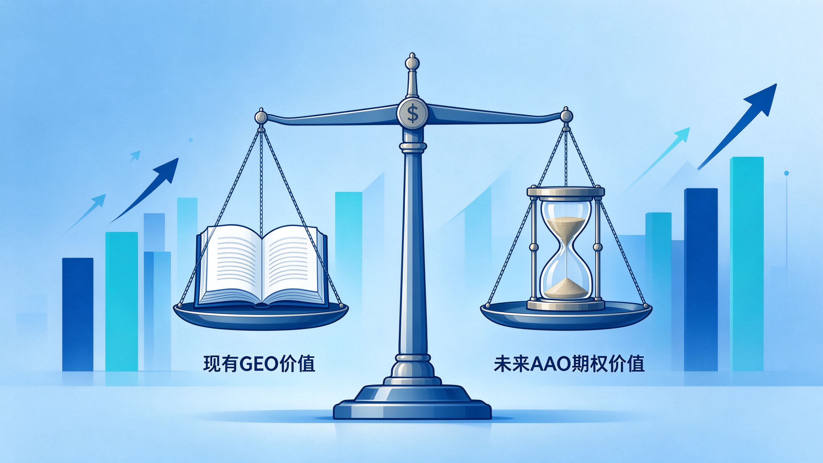 AAO价值判断示意图，蓝青色商务插画，天平两端对比新旧概念的投入产出价值