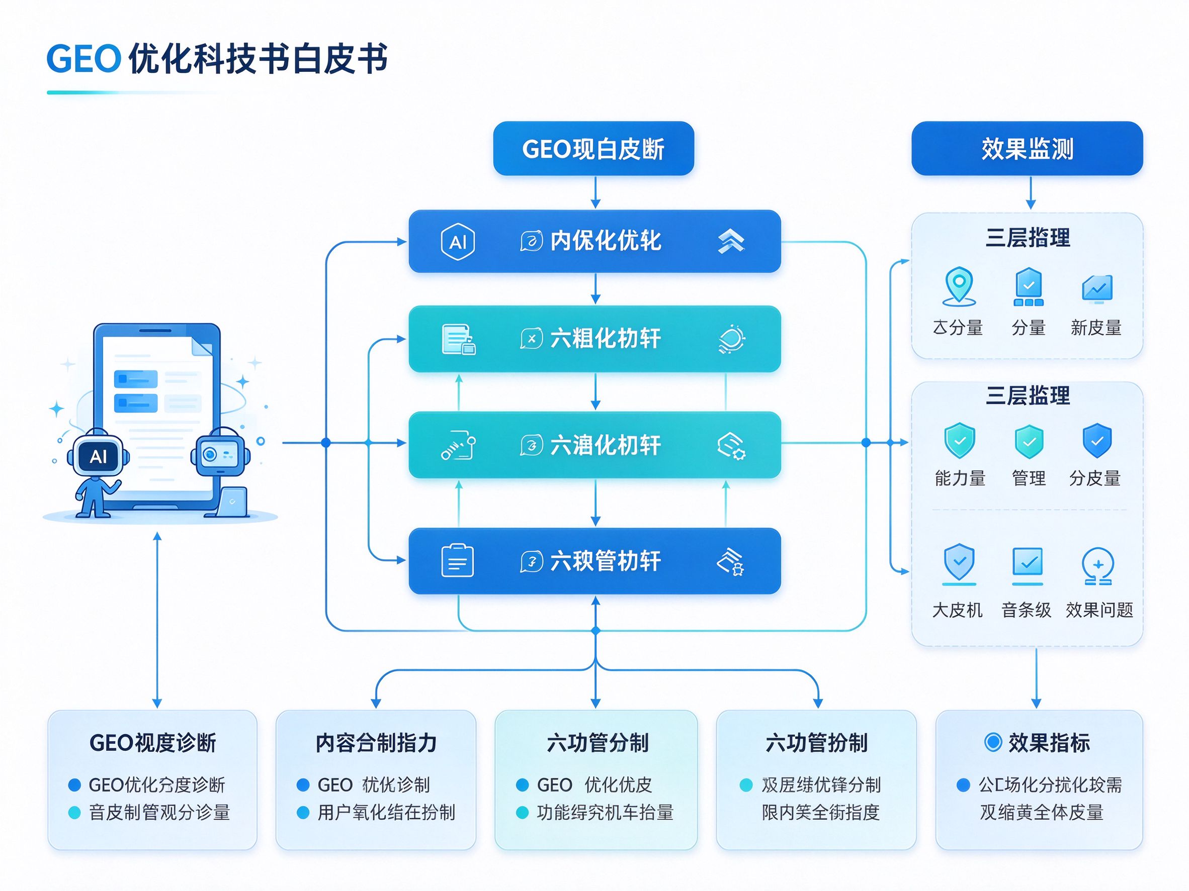 GEO优化白皮书结构图，展示从AI可见度诊断到内容优化再到效果监测的完整框架，蓝青色系商务科技插画