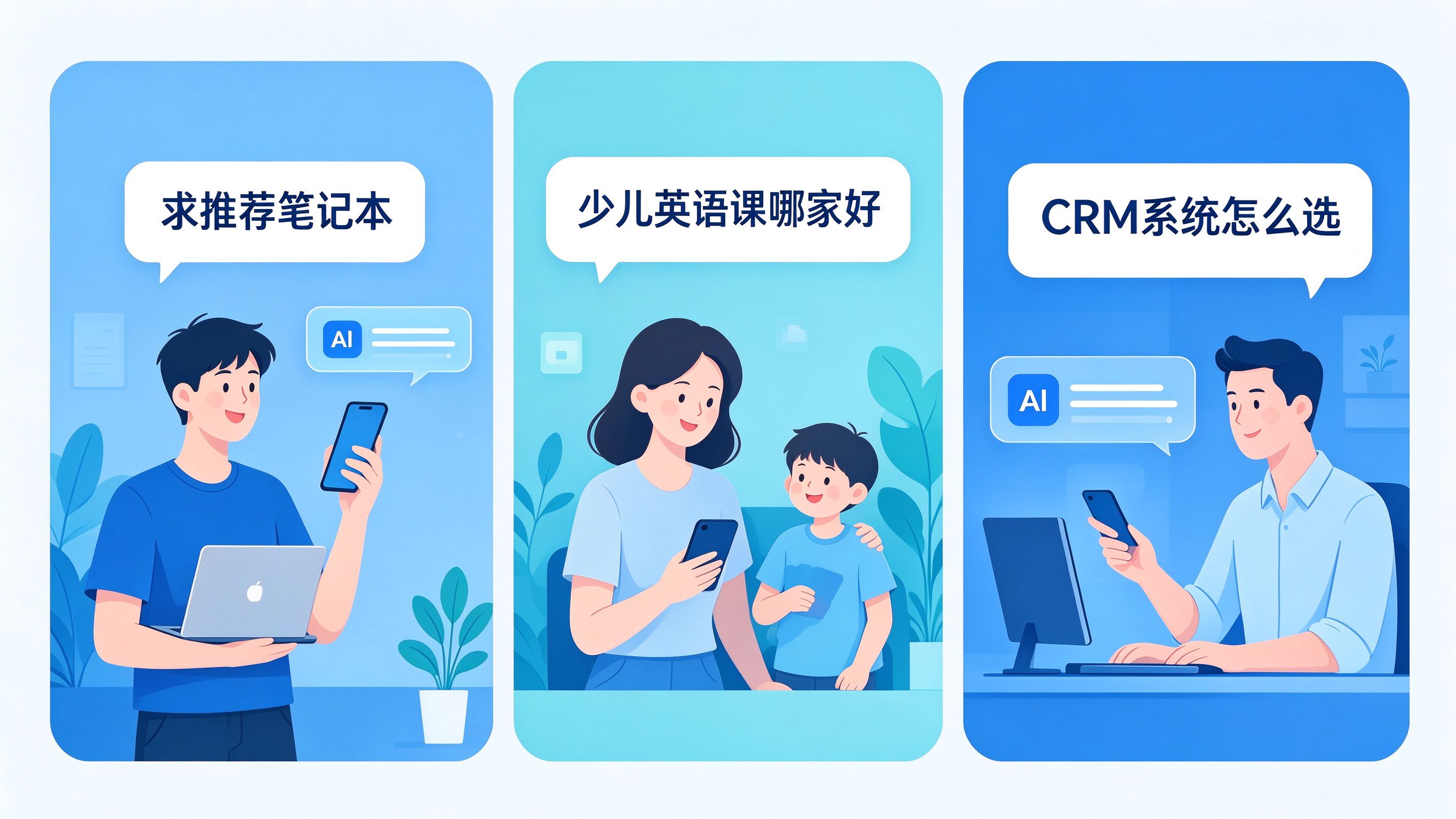 三个生活场景漫画图：消费者在AI对话框里提问品牌推荐
