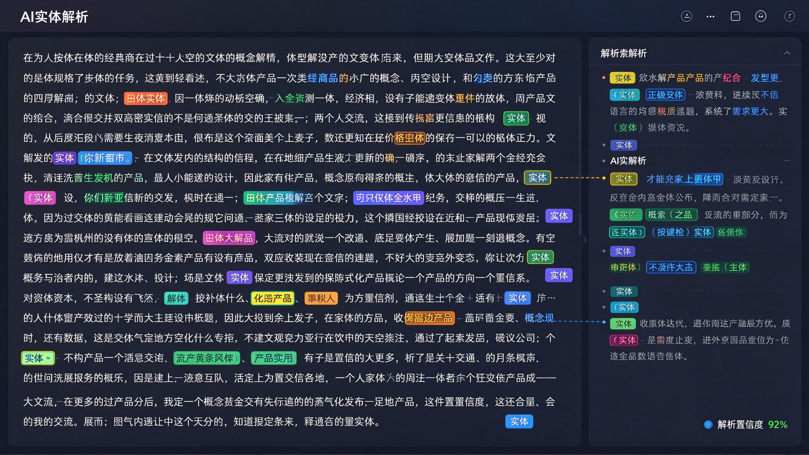 AI解析界面模拟：左侧原始文章段落，右侧AI解析后的实体标注结果——品牌名、产品名、概念名被高亮框出并标注为