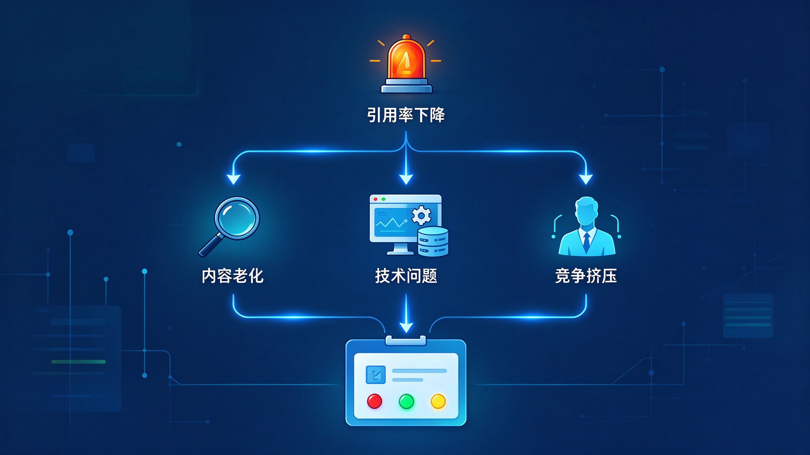 GEO引用率下降诊断流程图，从内容老化、技术问题、竞争挤压三条路径排查