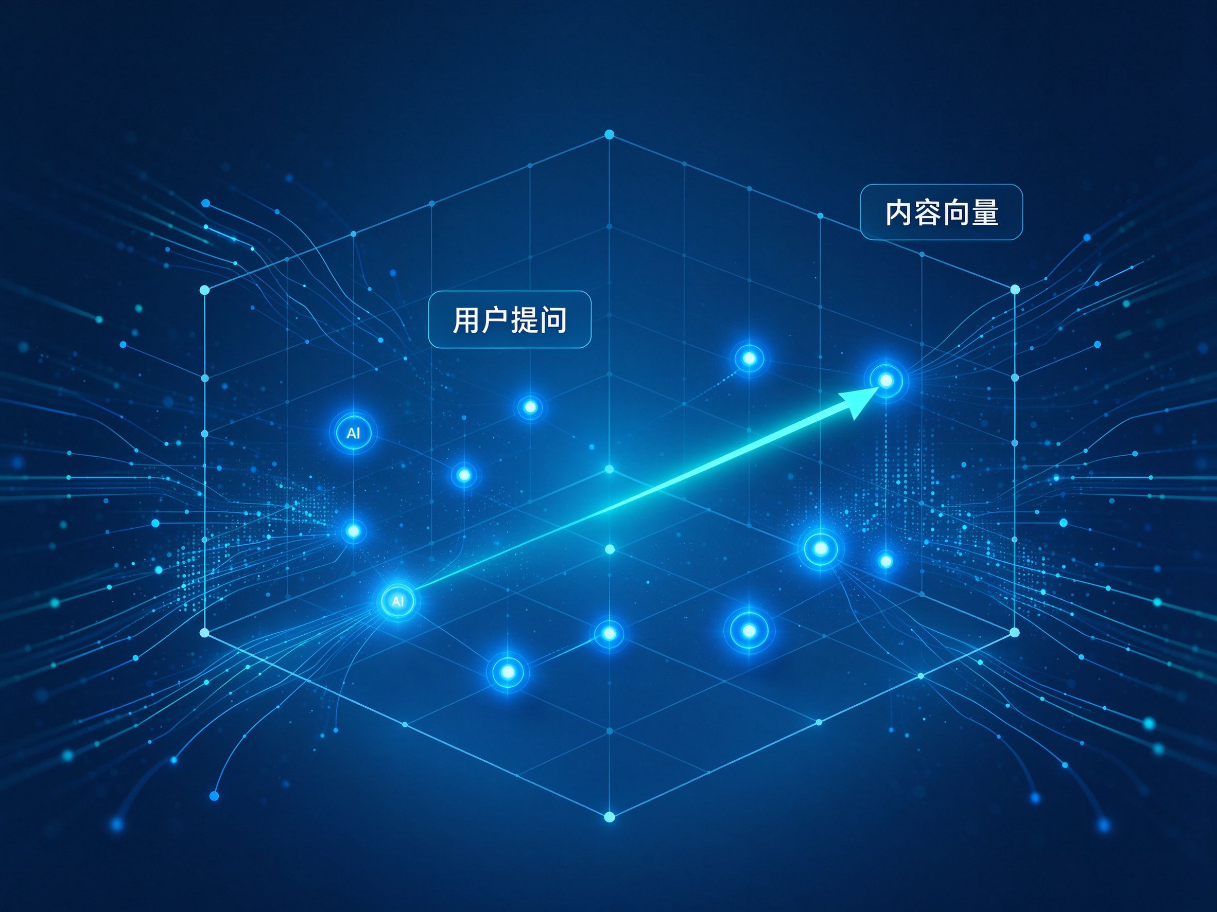 GEO优化向量原理示意图：三维向量空间中用户提问与内容向量的匹配关系