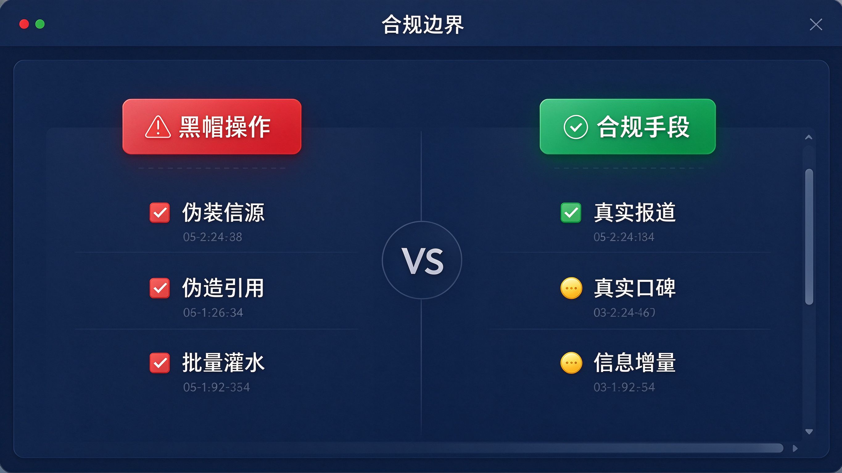 GEO合作合规条款界面：红色警示标签标注黑帽操作，绿色标签标注合规手段，并列对比