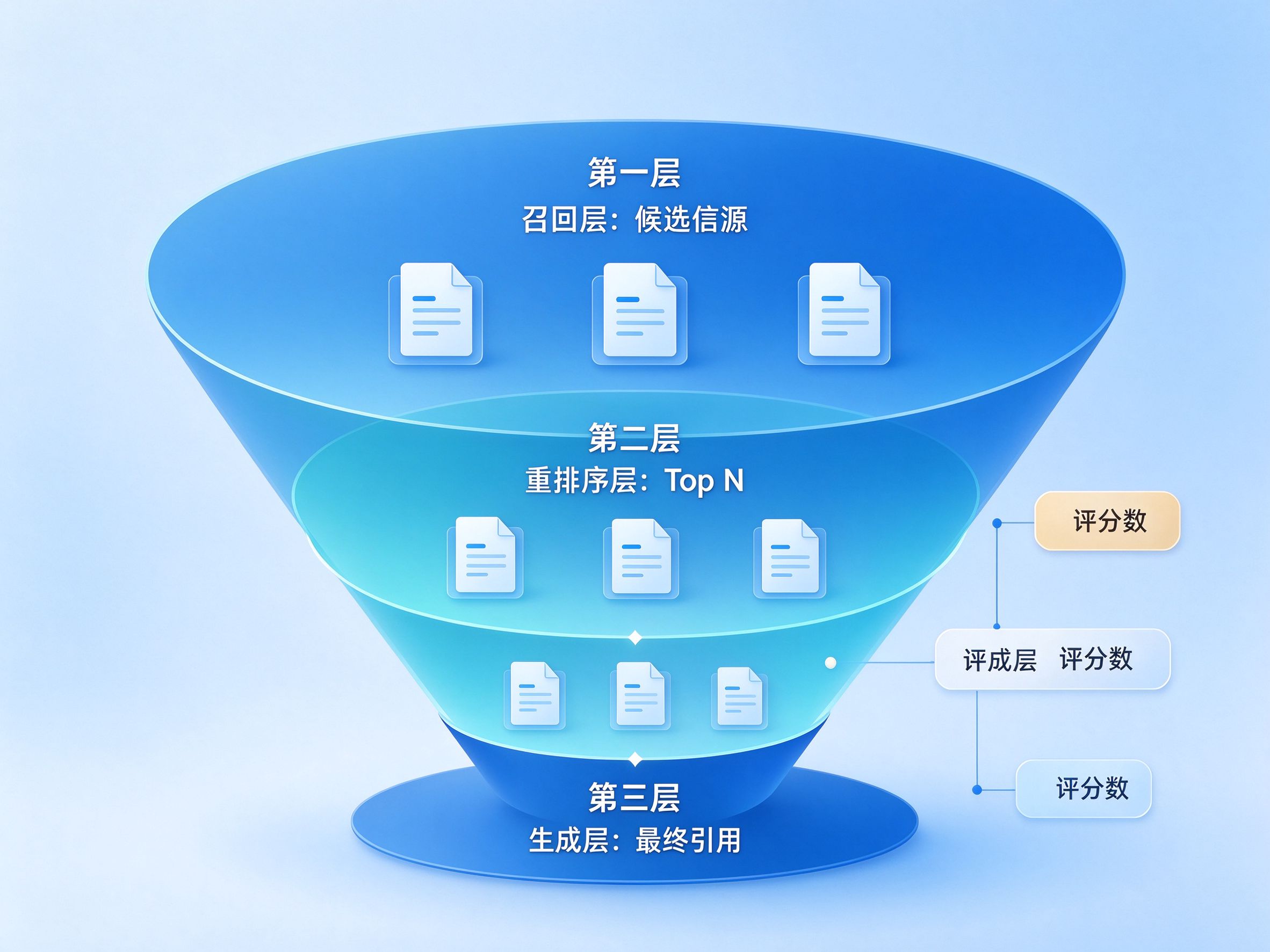 大模型引用决策算法流程图：从候选信源到最终引用的多层决策过程，标注关键打分节点