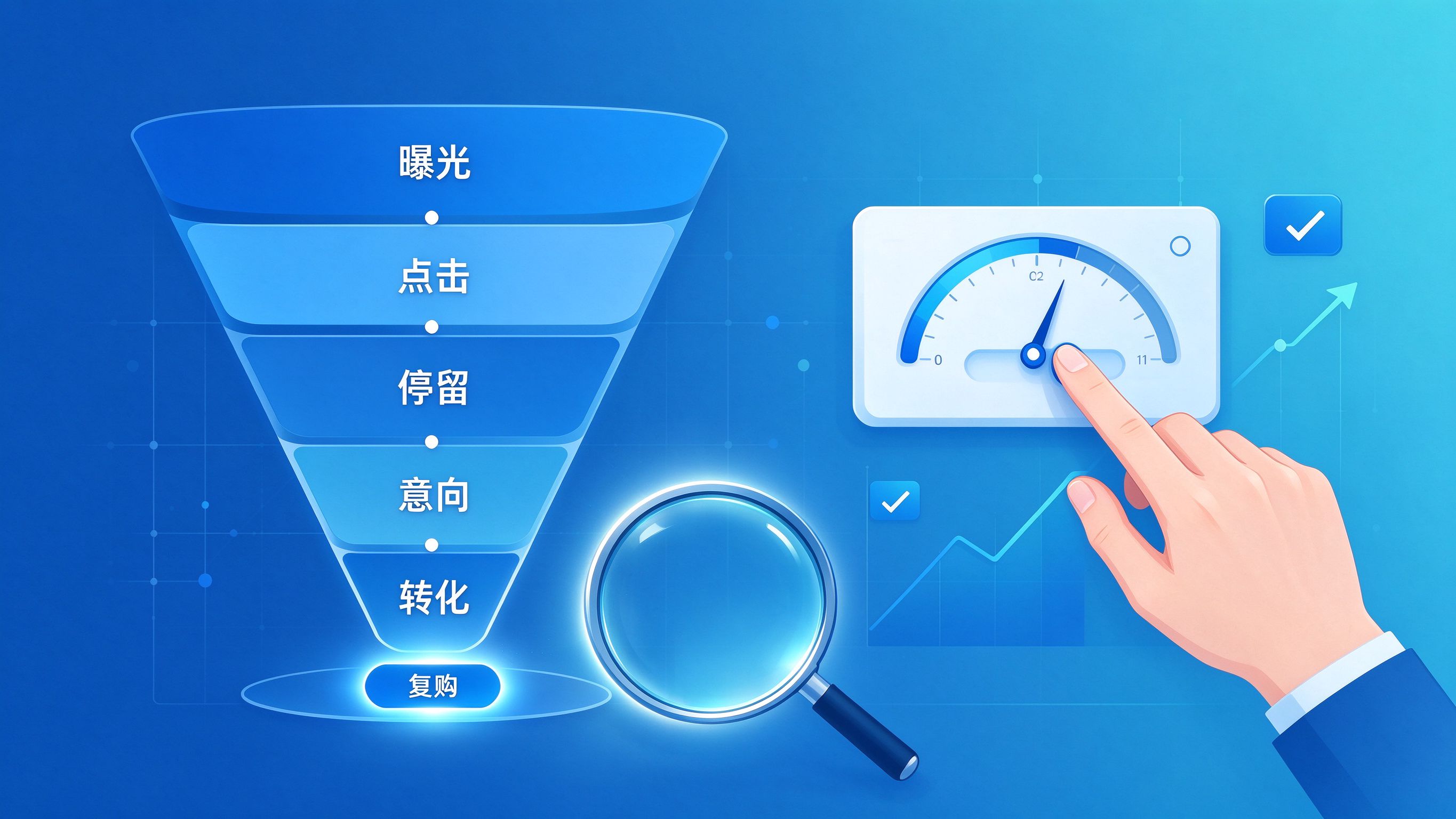 落地页转化漏斗优化示意图，从曝光到复购的逐层转化，配合数据仪表盘