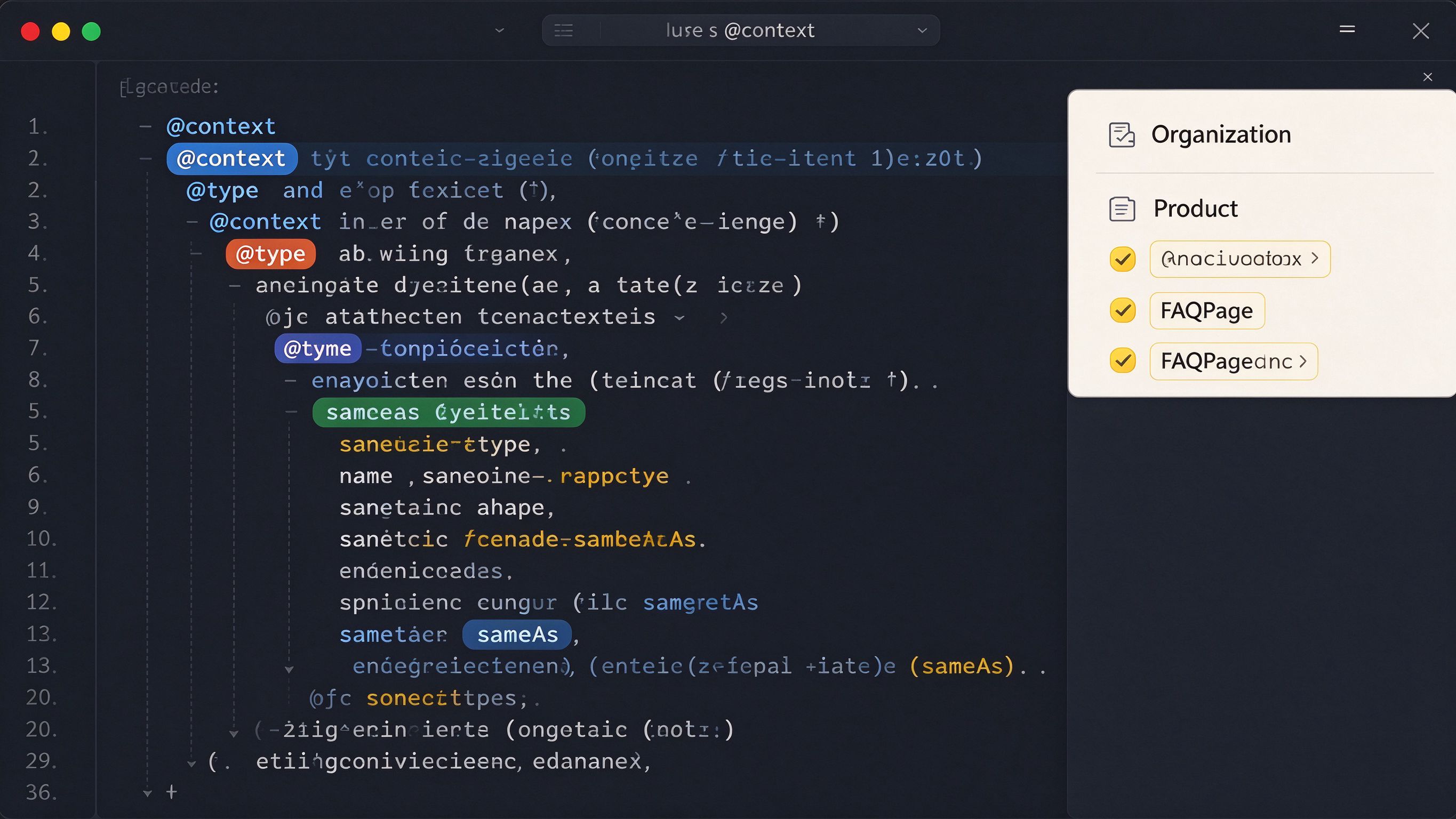 代码编辑器界面：左侧显示正在编辑的JSON-LD结构化数据代码，右侧弹出一个提示面板列出Organization、Product、FAQPage三个标注类型的勾选状态